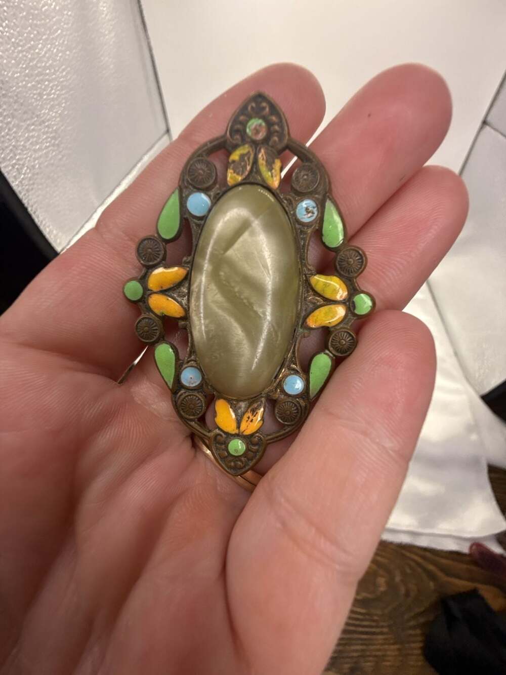 Vintage Art Nouveau Enamel Brass Oval Cabochon Brooch Pin